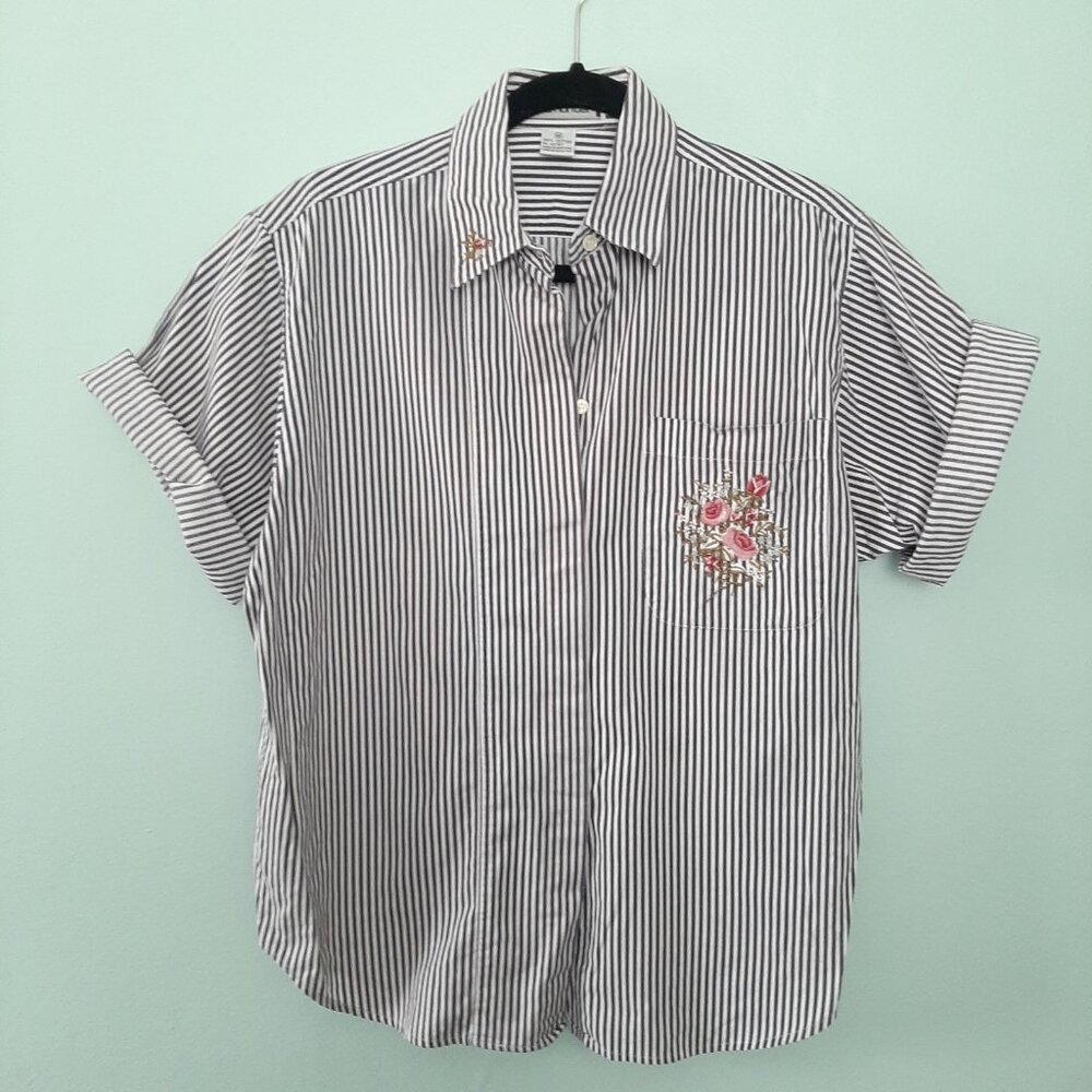 VTG Reed Hunter Stripe Cotton Embroidered Button Down Preppy Coastal Boho Camp M